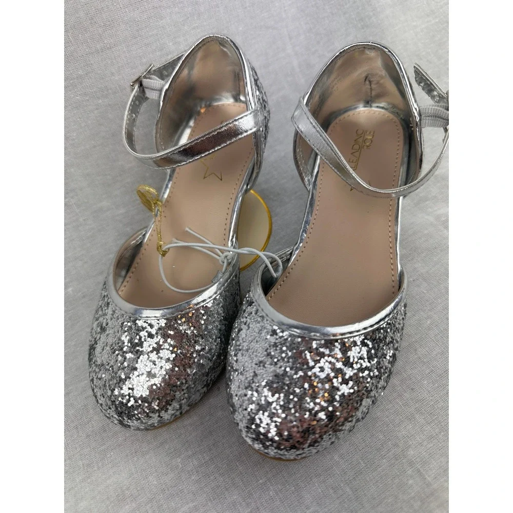 Leading Role Kids Silver Glitter Heels Ankle Strap‎ Dress Shoes Size 11/12